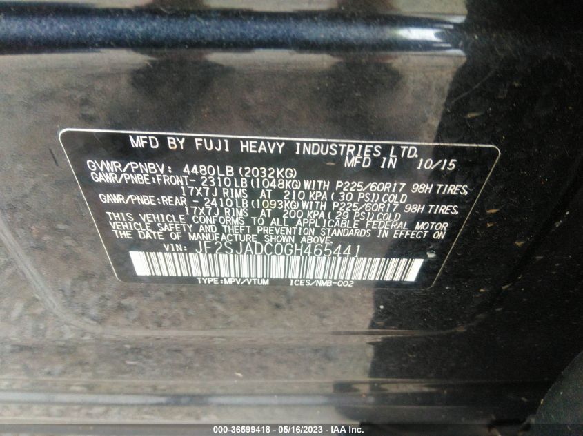 2016 SUBARU FORESTER 2.5I PREMIUM - JF2SJADC0GH465441