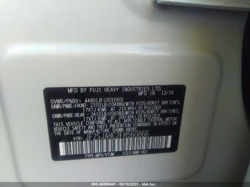 2015 SUBARU FORESTER 2.5I LIMITED - JF2SJAHC2FH560866