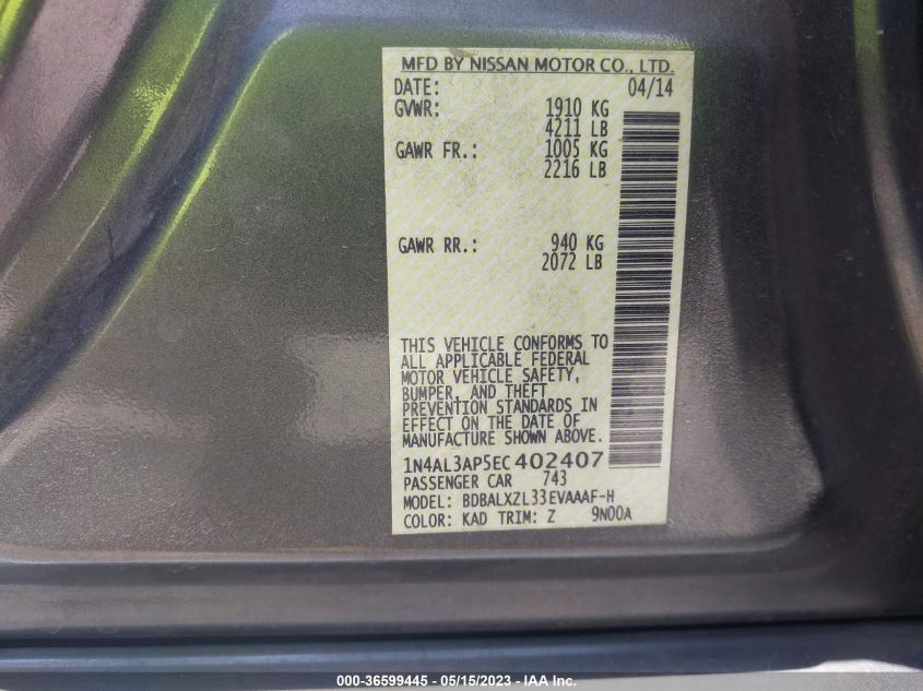 2014 NISSAN ALTIMA 2.5 SL - 1N4AL3AP5EC402407