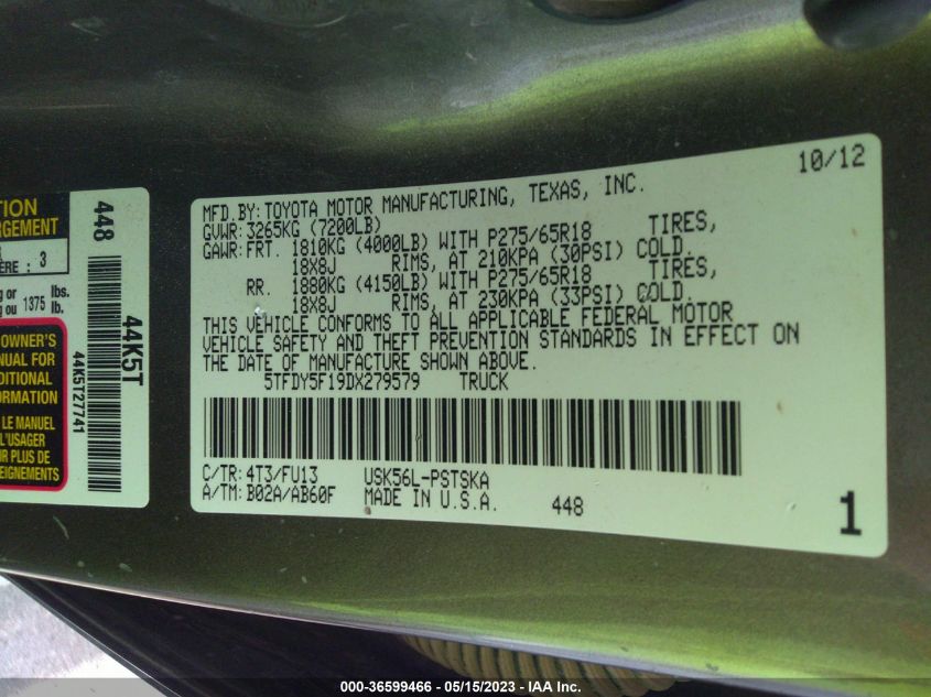 2013 TOYOTA TUNDRA 4WD TRUCK - 5TFDY5F19DX279579