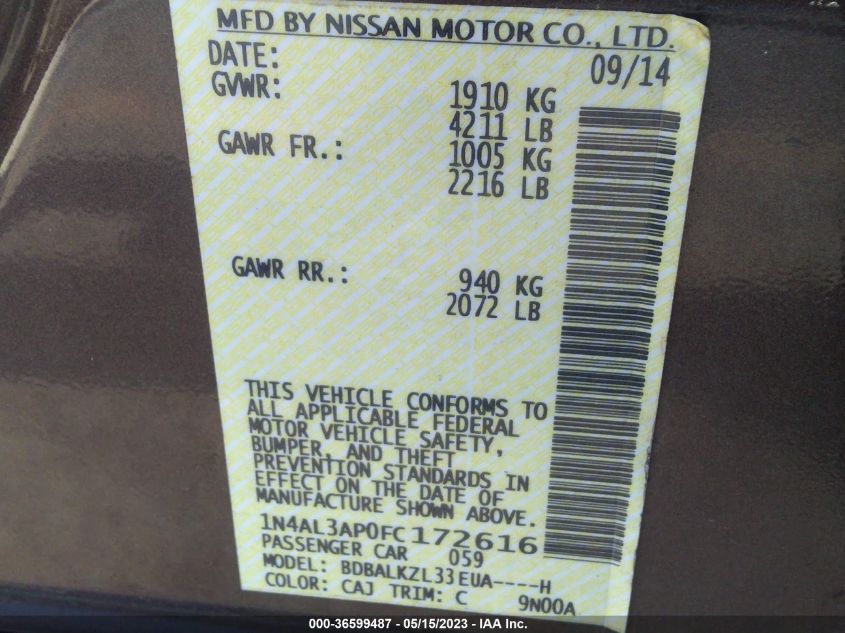 2015 NISSAN ALTIMA 2.5 SV - 1N4AL3AP0FC172616