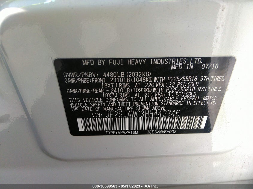 VIN JF2SJAWC3HH442346 2017 SUBARU FORESTER TOURING