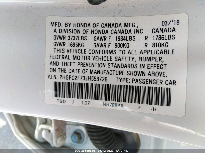 2018 HONDA CIVIC SEDAN EX - 2HGFC2F73JH553726