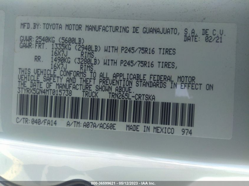 2021 TOYOTA TACOMA 2WD SR/SR5 - 3TYRX5GN4MT015738