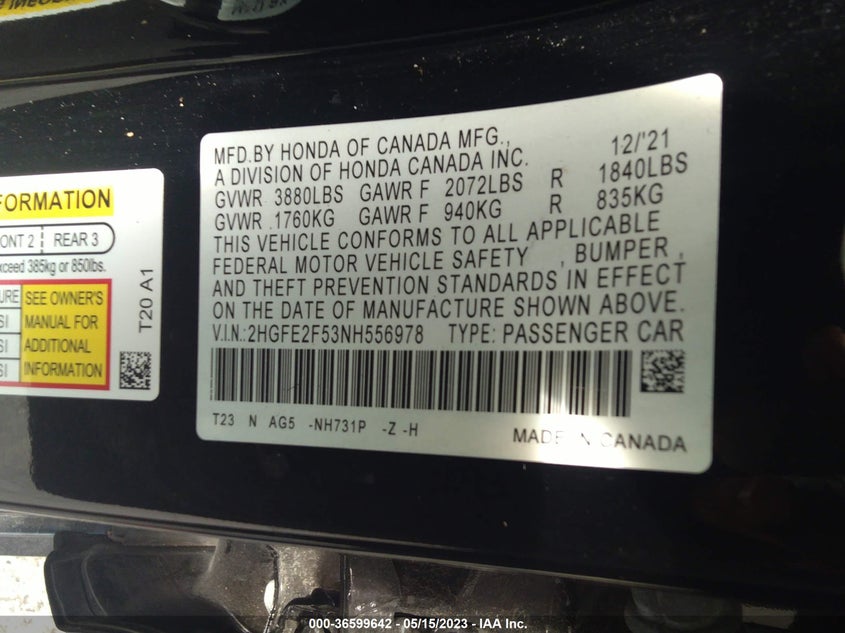 VIN 2HGFE2F53NH556978 2022 HONDA CIVIC SEDAN SPORT