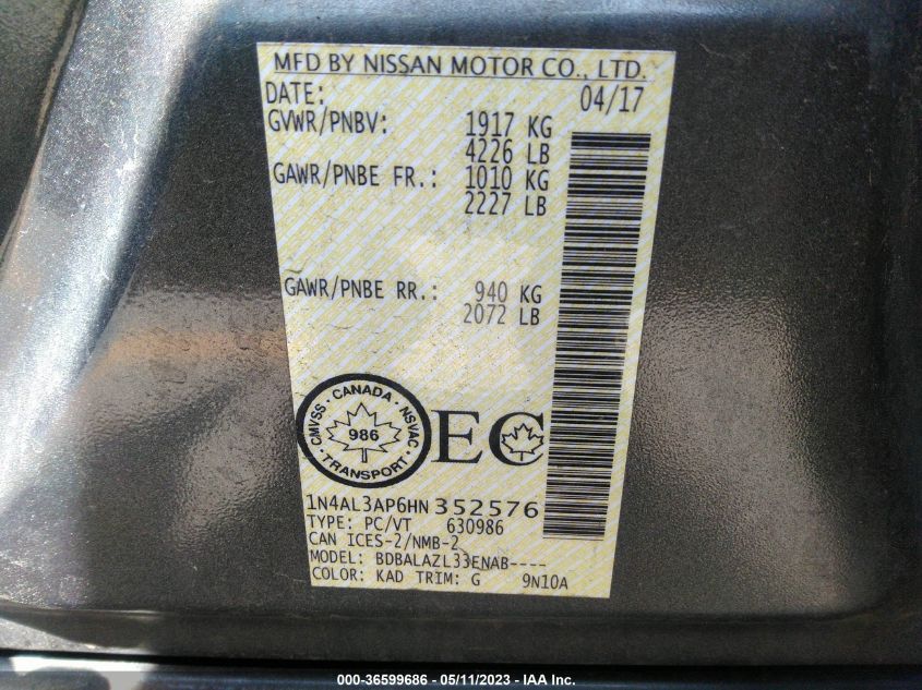 2017 NISSAN ALTIMA 2.5 - 1N4AL3AP6HN352576