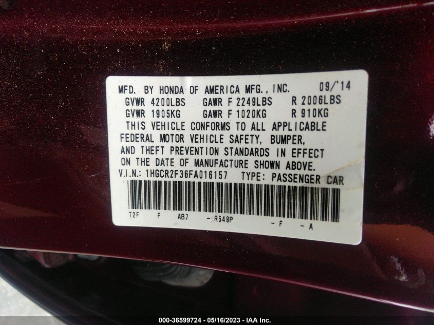 2015 HONDA ACCORD SEDAN LX - 1HGCR2F36FA016157