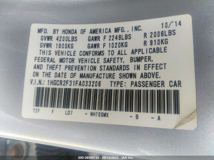 2015 HONDA ACCORD SEDAN LX - 1HGCR2F31FA033206