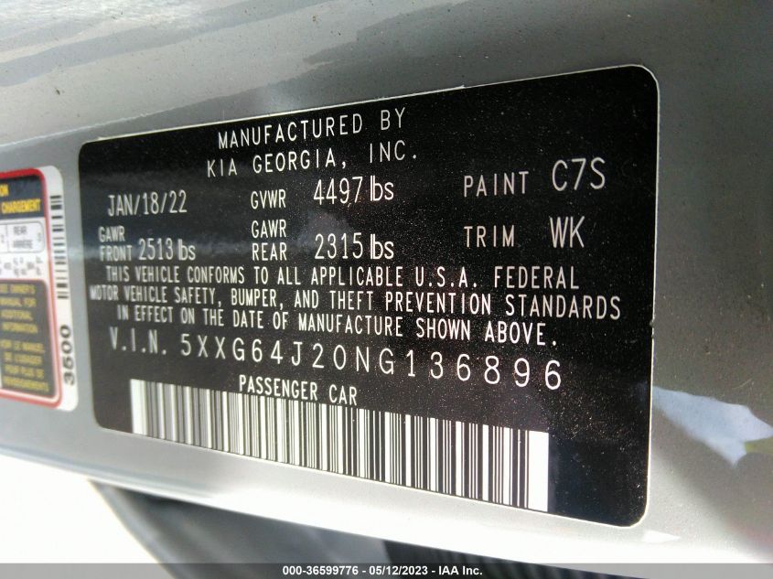 2022 KIA K5 GT-LINE - 5XXG64J20NG136896