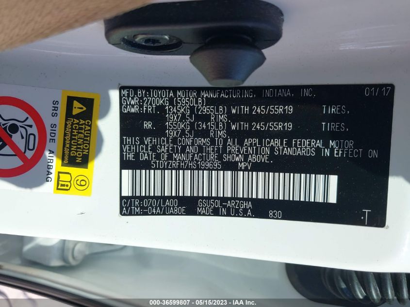 2017 TOYOTA HIGHLANDER LIMITED - 5TDYZRFH7HS199695