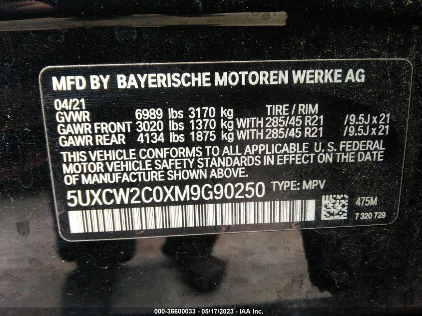 2021 BMW X7 XDRIVE40I - 5UXCW2C0XM9G90250