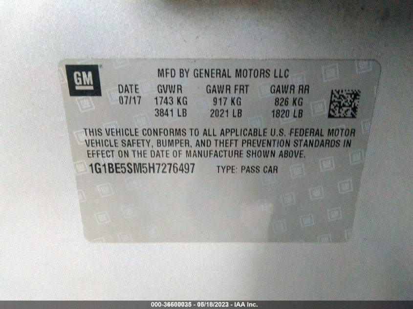 2017 CHEVROLET CRUZE LT - 1G1BE5SM5H7276497