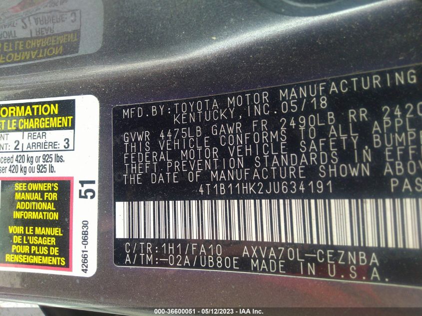 2018 TOYOTA CAMRY LE/SE/XLE/L - 4T1B11HK2JU634191