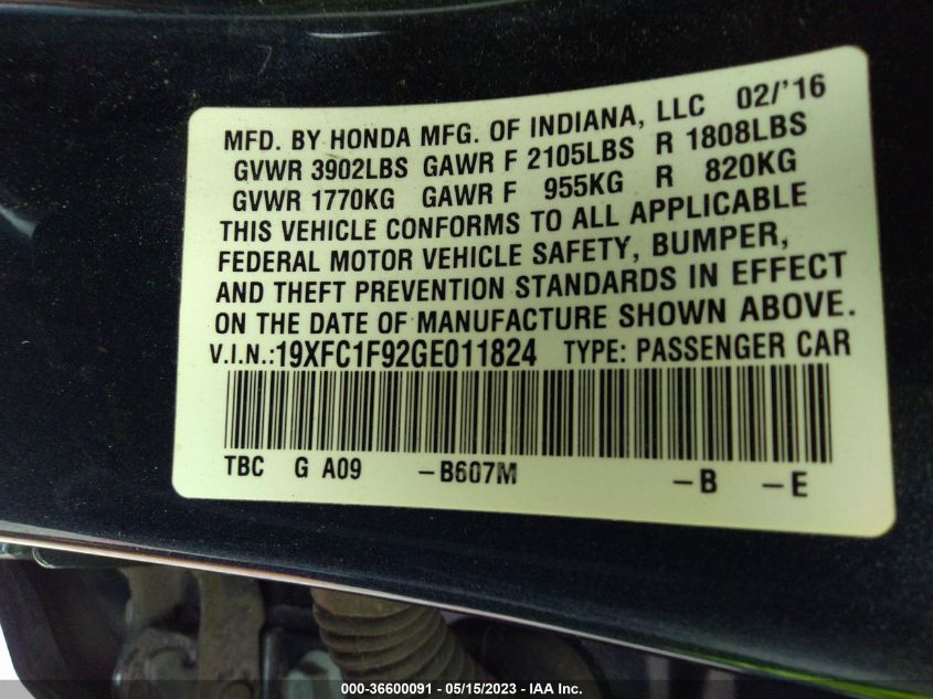 2016 HONDA CIVIC SEDAN TOURING - 19XFC1F92GE011824