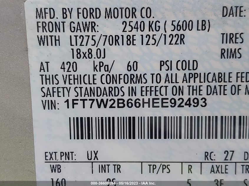 2017 FORD SUPER DUTY F-250 SRW LARIAT/PLATINUM - 1FT7W2B66HEE92493