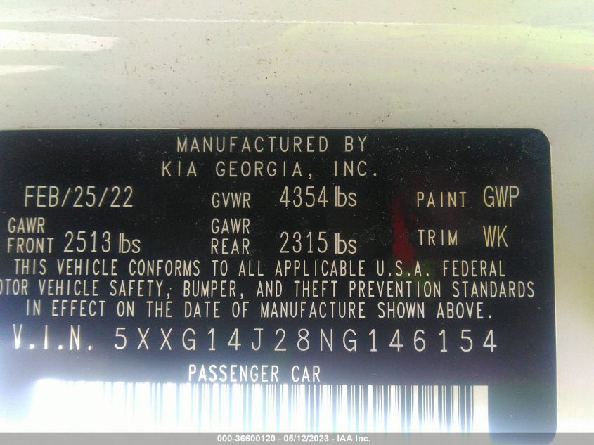 2022 KIA K5 LXS - 5XXG14J28NG146154
