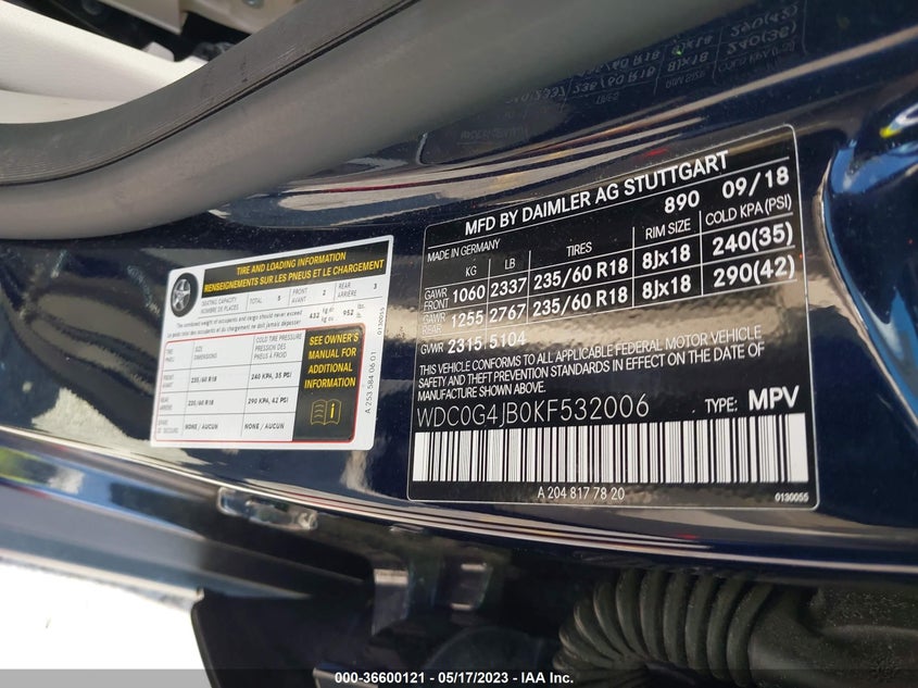 VIN WDC0G4JB0KF532006 2019 MERCEDES-BENZ GLC GLC 300