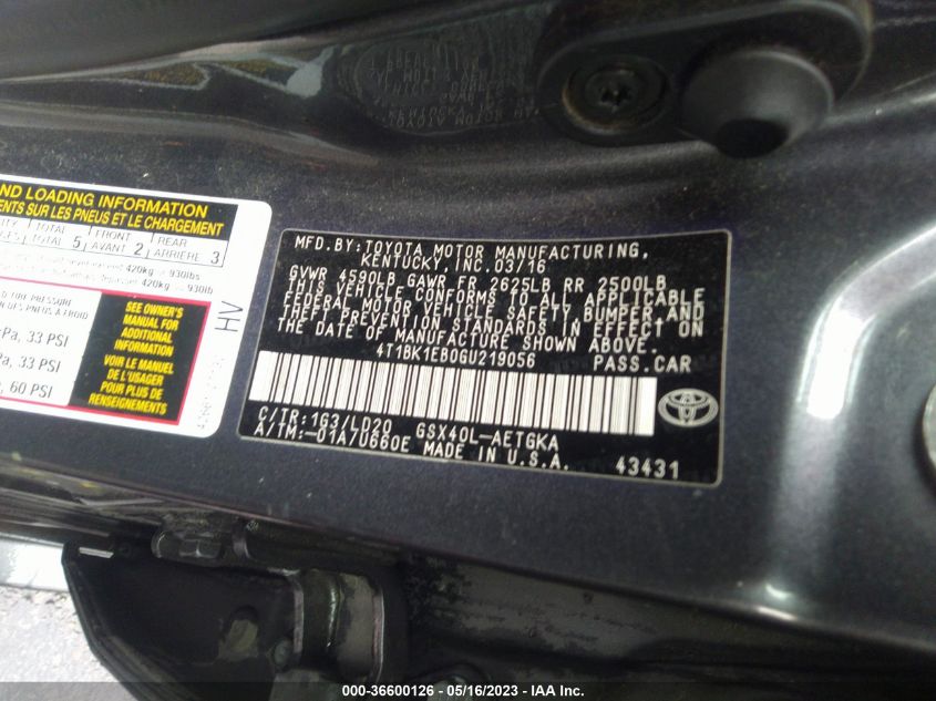 2016 TOYOTA AVALON LIMITED/TOURING/XLE - 4T1BK1EB0GU219056