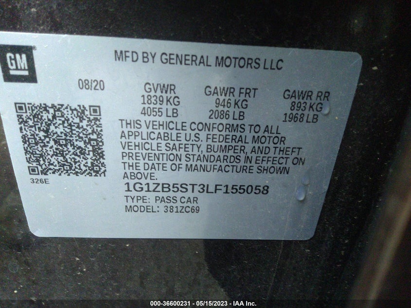 VIN 1G1ZB5ST3LF155058 2020 CHEVROLET MALIBU LS