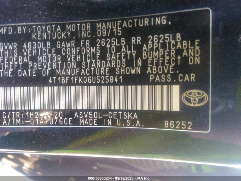 2016 TOYOTA CAMRY XLE/SE/LE/XSE - 4T1BF1FK0GU525841