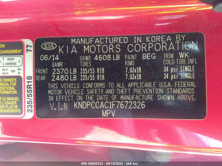 2015 KIA SPORTAGE EX - KNDPCCAC1F7672326