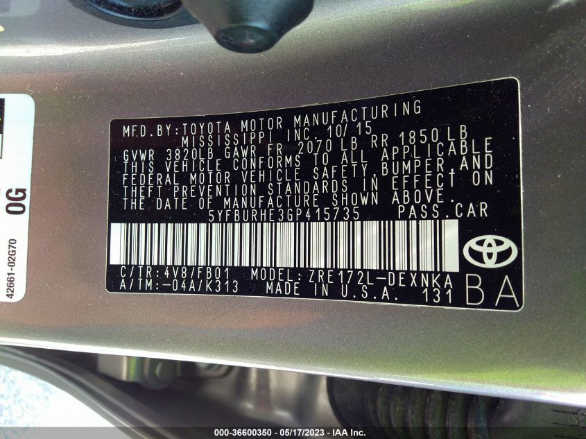 2016 TOYOTA COROLLA L/LE/S/S PLUS/LE PLUS - 5YFBURHE3GP415735