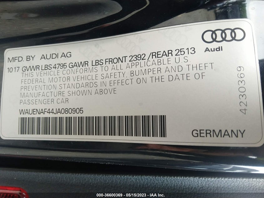 VIN WAUENAF44JA080905 2018 AUDI A4 PREMIUM PLUS