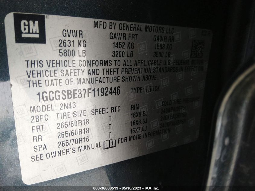 2015 CHEVROLET COLORADO 2WD LT - 1GCGSBE37F1192446