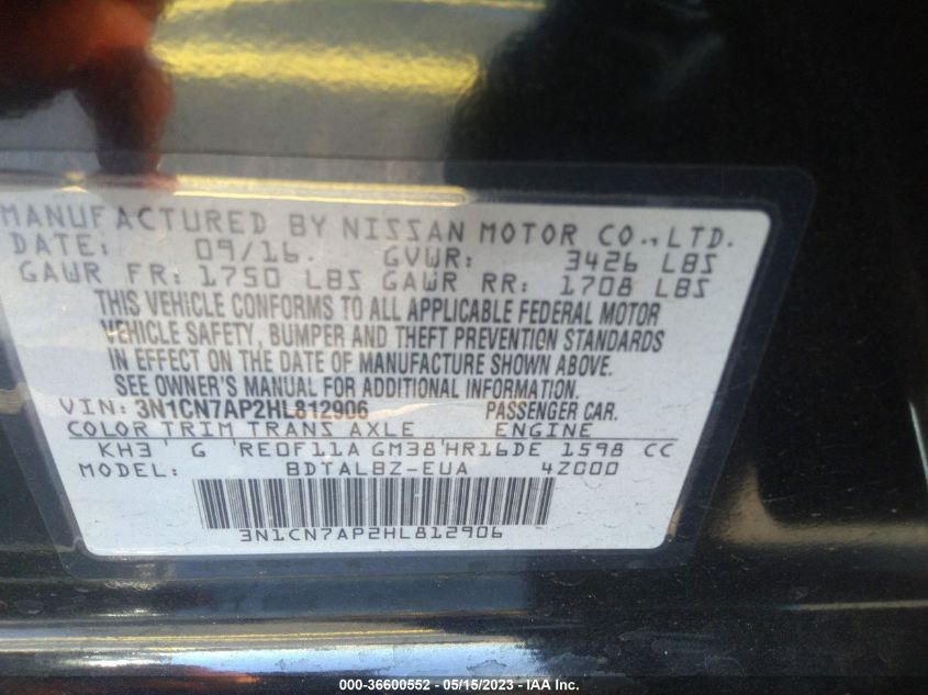 2017 NISSAN VERSA SEDAN S/S PLUS/SL/SV - 3N1CN7AP2HL812906