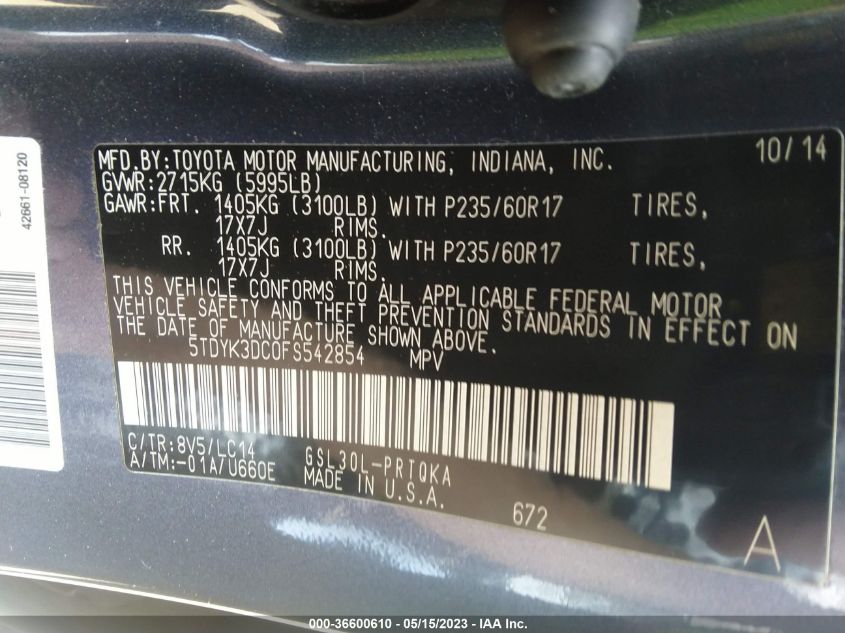 2015 TOYOTA SIENNA XLE/XLE AAS/LTD - 5TDYK3DC0FS542854