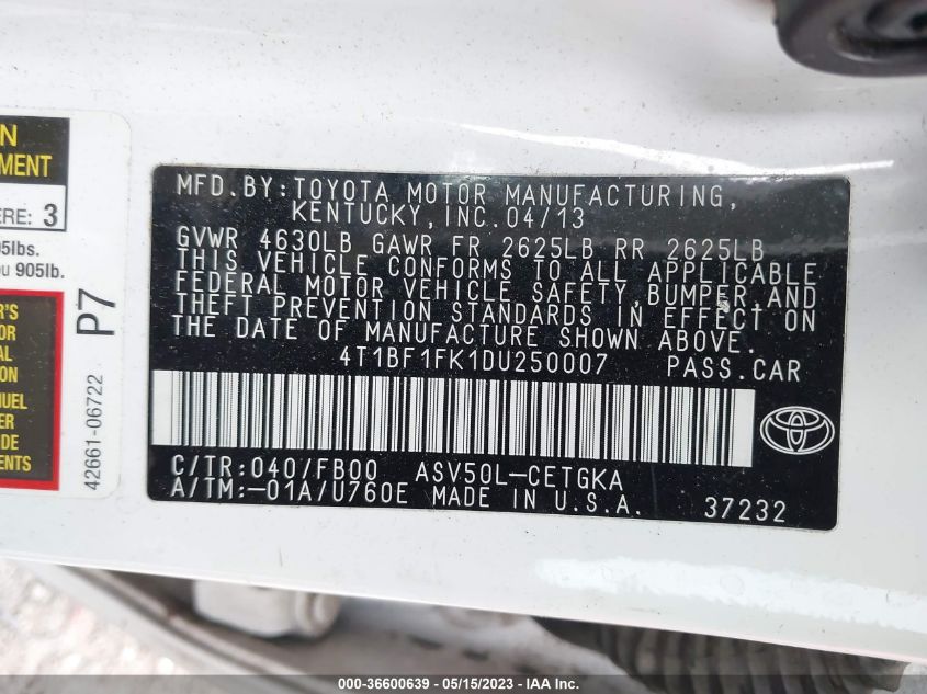 2013 TOYOTA CAMRY L/LE/SE/XLE - 4T1BF1FK1DU250007