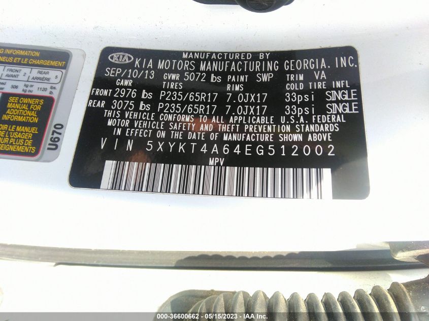 2014 KIA SORENTO LX - 5XYKT4A64EG512002