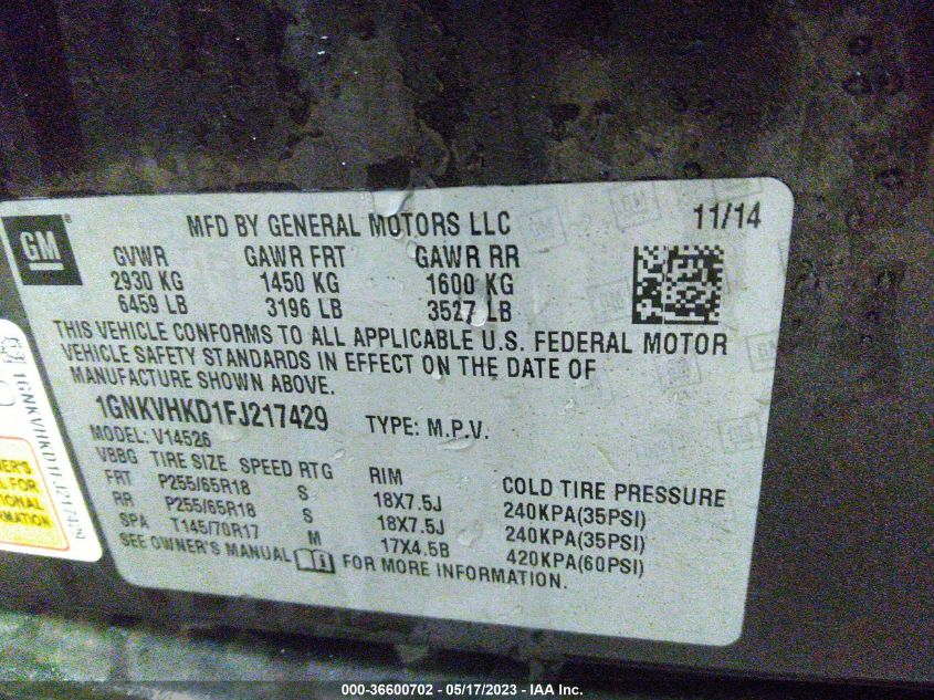 2015 CHEVROLET TRAVERSE LT - 1GNKVHKD1FJ217429