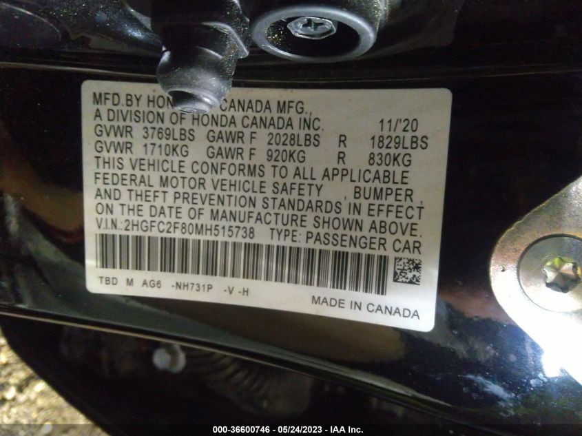 2021 HONDA CIVIC SEDAN SPORT - 2HGFC2F80MH515738