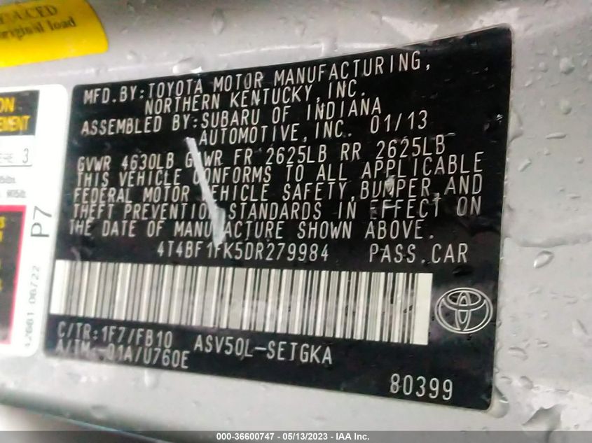 2013 TOYOTA CAMRY L/LE/SE/XLE - 4T4BF1FK5DR279984