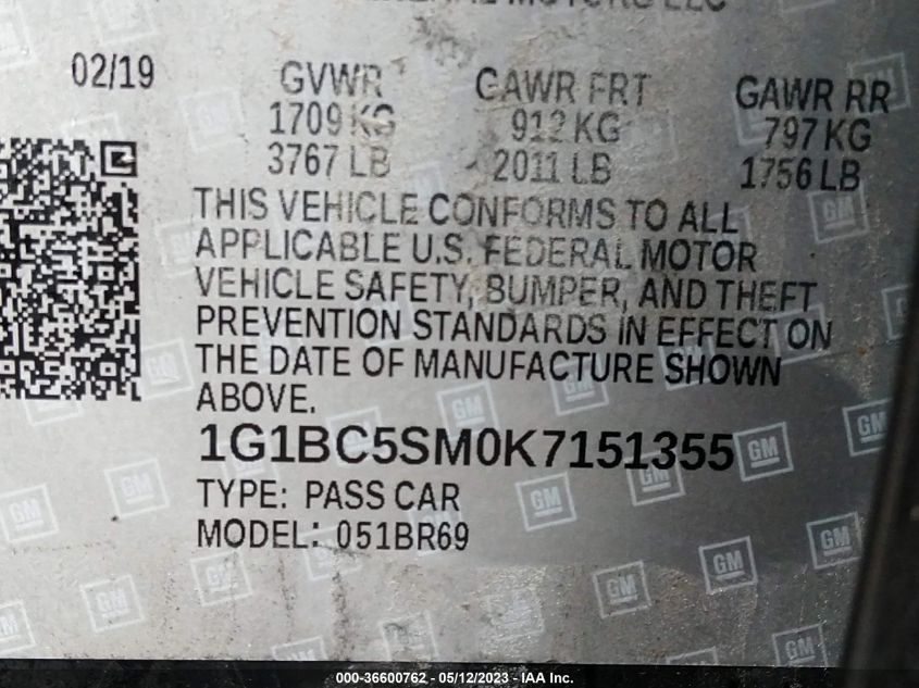 2019 CHEVROLET CRUZE LS - 1G1BC5SM0K7151355
