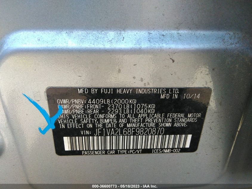 2015 SUBARU WRX STI JF1VA2L68F9820870