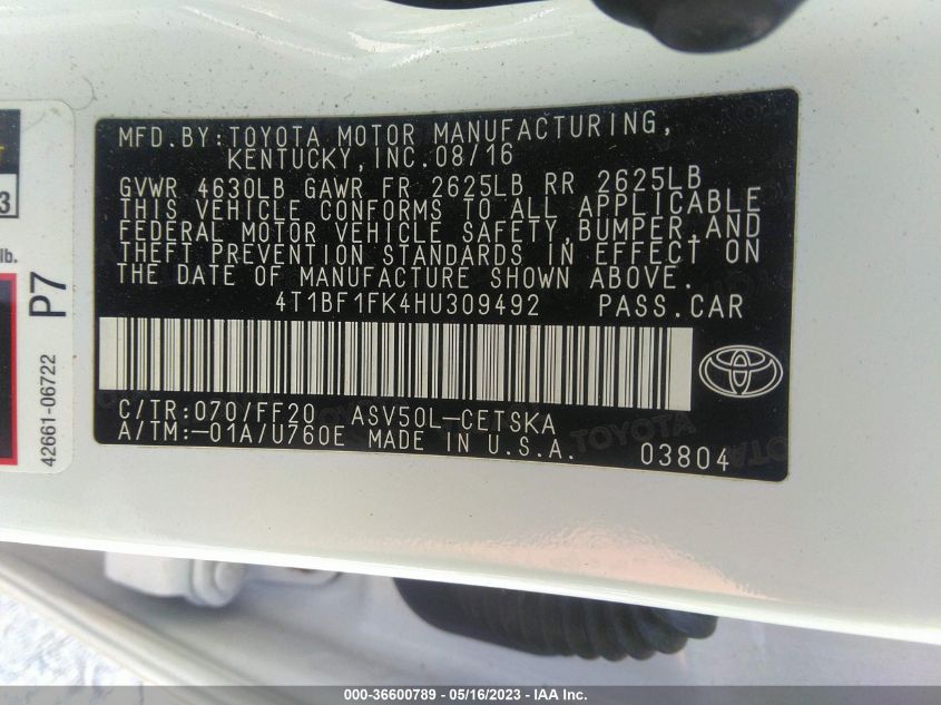 2017 TOYOTA CAMRY XLE/SE/LE/XSE - 4T1BF1FK4HU309492