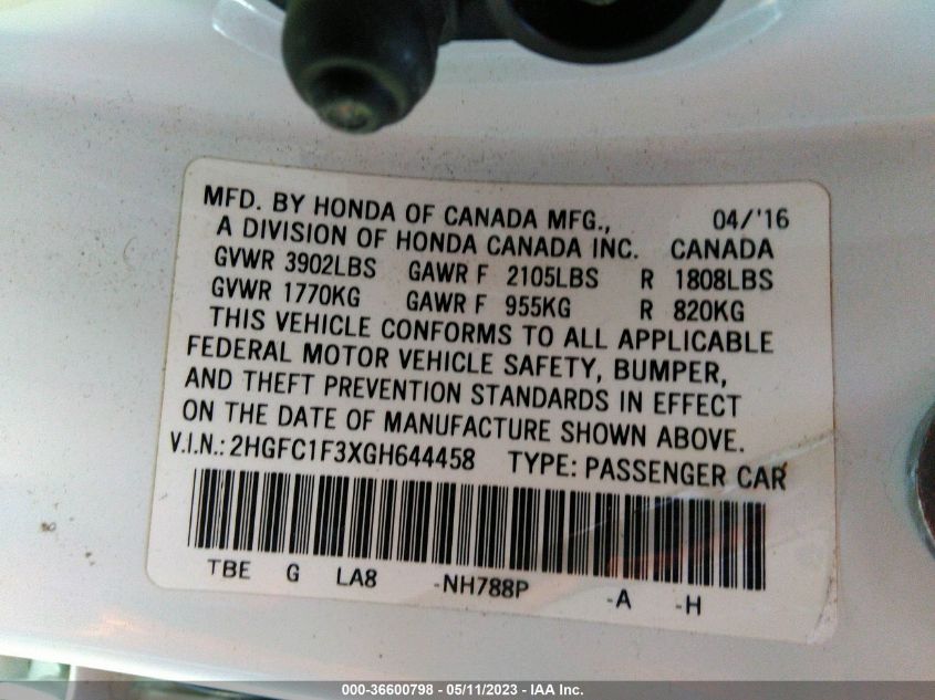 2016 HONDA CIVIC SEDAN EX-T - 2HGFC1F3XGH644458