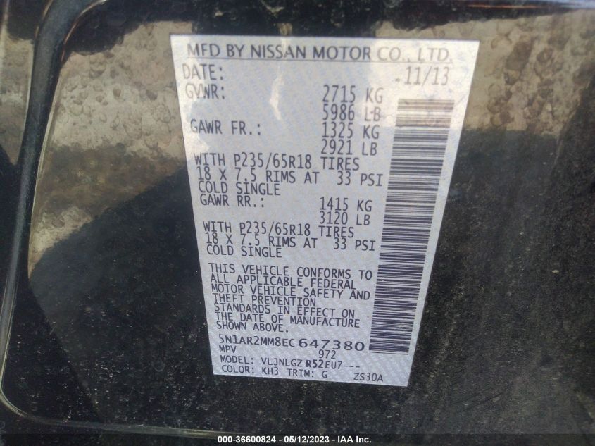 2014 NISSAN PATHFINDER SL - 5N1AR2MM8EC647380