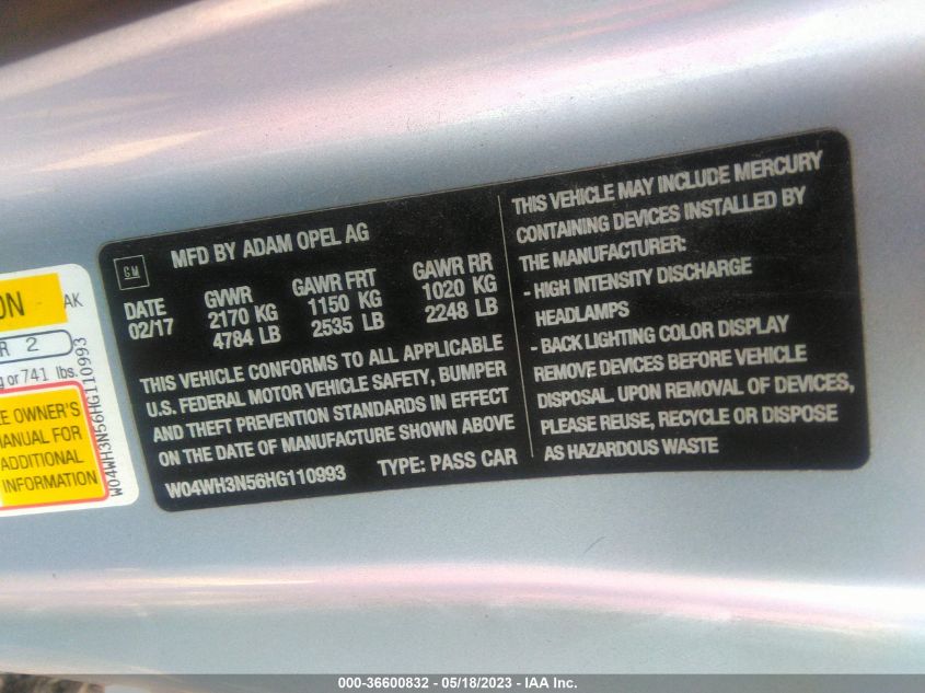 2017 BUICK CASCADA PREMIUM - W04WH3N56HG110993