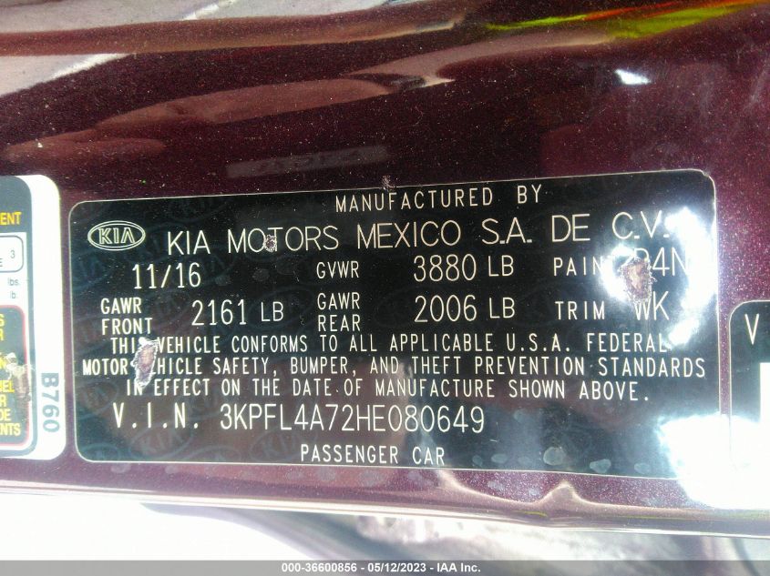 2017 KIA FORTE LX - 3KPFL4A72HE080649