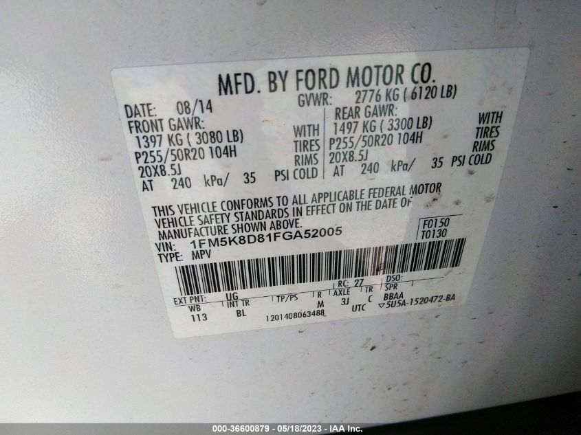 2015 FORD EXPLORER XLT - 1FM5K8D81FGA52005