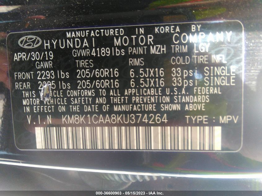 2019 HYUNDAI KONA SE - KM8K1CAA8KU374264