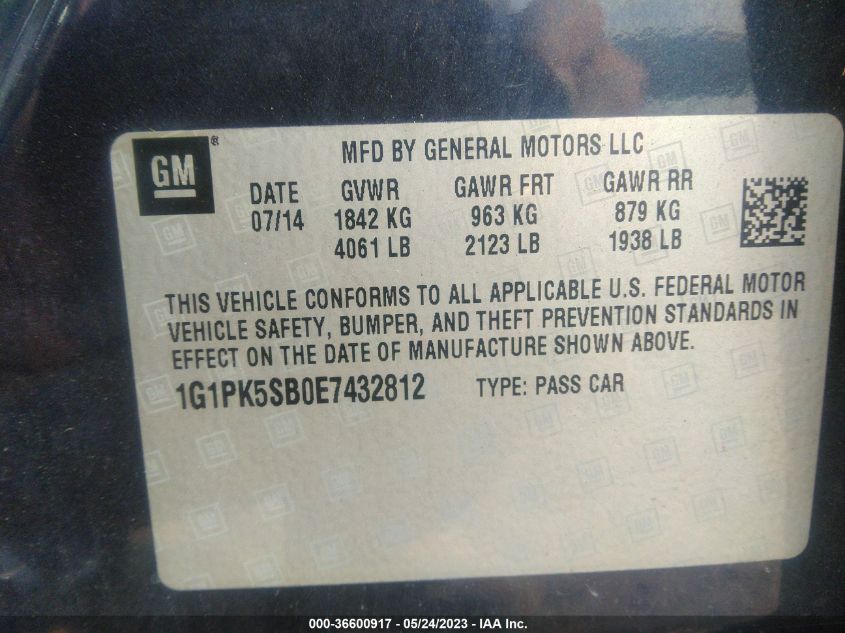2014 CHEVROLET CRUZE LT - 1G1PK5SB0E7432812