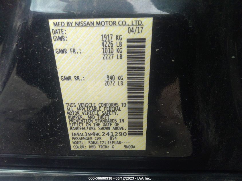 2017 NISSAN ALTIMA 2.5 SV - 1N4AL3AP9HC241290