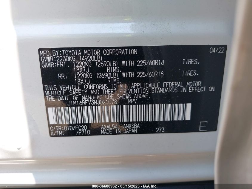 2022 TOYOTA RAV4 HYBRID SE - JTM16RFV3NJ021078