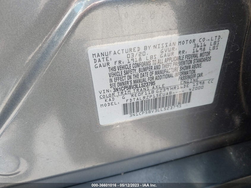 VIN 3N1CP5BV3LL523795 2020 NISSAN KICKS S