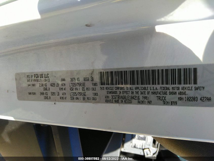 2020 RAM PROMASTER 1500 LOW ROOF 136" WB - 3C6TRVAG6LE104216