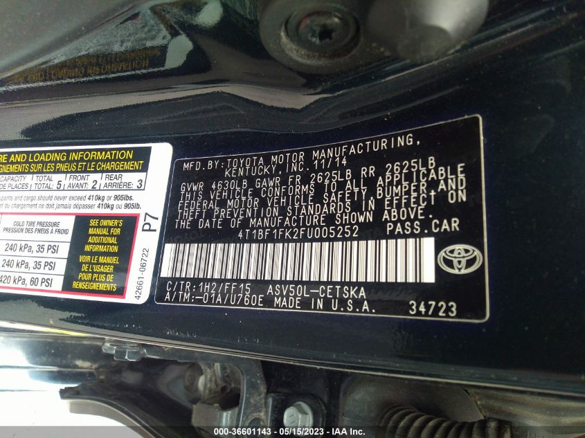 2015 TOYOTA CAMRY XLE/SE/LE/XSE - 4T1BF1FK2FU005252